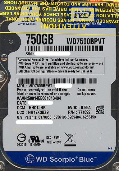 【中古】WesternDigital HDD 2.5inch　WD7500BPVT　750GB SATA300　4000〜5000時間以内