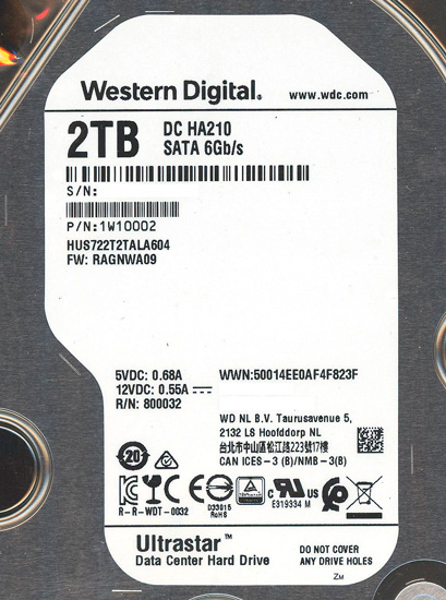 【中古】Western Digital製HDD　HUS722T2TALA604　2TB SATA600 7200　500〜1000時間以内