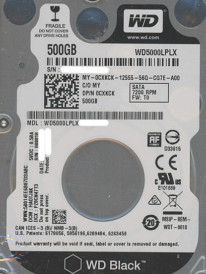 【中古】Western Digital製HDD　WD5000LPLX　500GB SATA600　4000〜5000時間以内