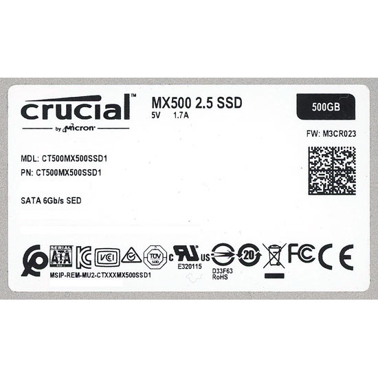 【中古】crucial　2.5インチ 内蔵型 SSD MX500 CT500MX500SSD1　500GB　500〜1000時間以内