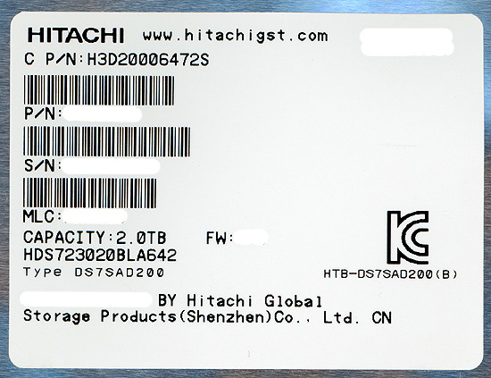 【中古】HITACHI製HDD　HDS723020BLA642　2TB SATA600 7200　200〜500時間以内