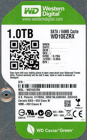 【中古】Western Digital製HDD　WD10EZRX　1TB SATA600　0〜100時間以内