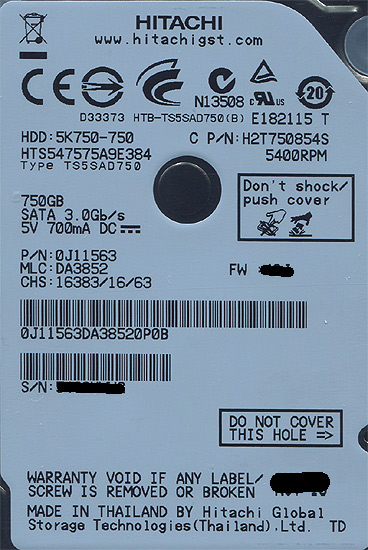 【中古】HITACHI ノート用HDD 2.5inch　HTS547575A9E384　750GB　2000〜3000時間