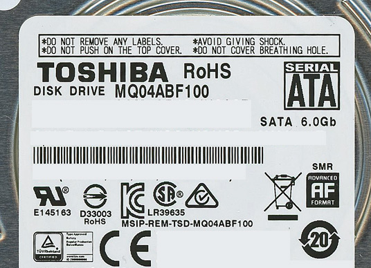 【中古】TOSHIBA(東芝) ノート用HDD 2.5inch　MQ04ABF100　1TB 7mm　500〜1000時間以内