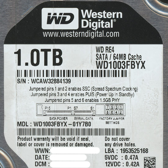 【中古】Western Digital製HDD　WD1003FBYX　1TB SATA300 7200　4000〜5000時間以内