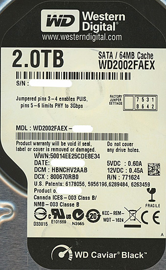 【中古】Western Digital製HDD　WD2002FAEX　2TB SATA600 7200　8000〜9000時間以内