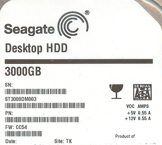 【中古】SEAGATE製HDD　ST3000DM003　3TB SATA600 5900　2000〜3000時間以内