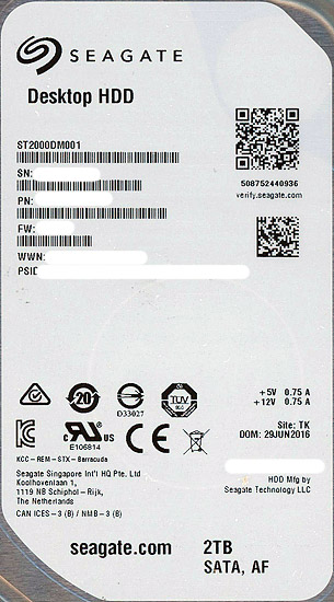 【中古】SEAGATE製HDD　ST2000DM001　2TB SATA600 7200　3000〜4000時間以内