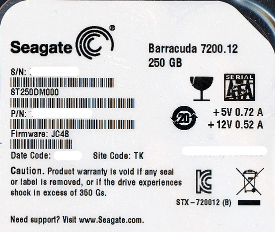 【中古】SEAGATE製HDD　ST250DM000　250GB SATA600 7200　7000〜8000時間以内
