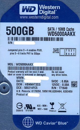【中古】Western Digital製HDD　WD5000AAKX　500GB SATA600 7200　7000〜8000時間以内