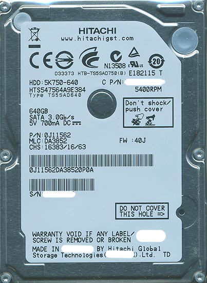 【中古】HITACHI ノート用HDD 2.5inch　HTS547564A9E384　640GB　9000〜10000時間以内