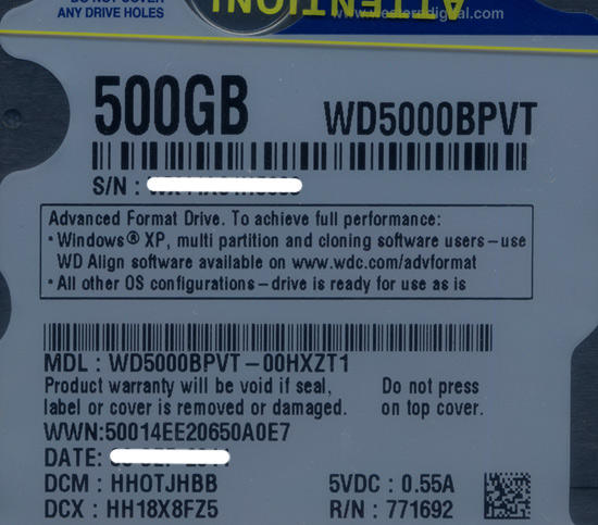 【中古】WesternDigital HDD 2.5inch　WD5000BPVT　500GB 9.5mm　1000〜2000時間以内