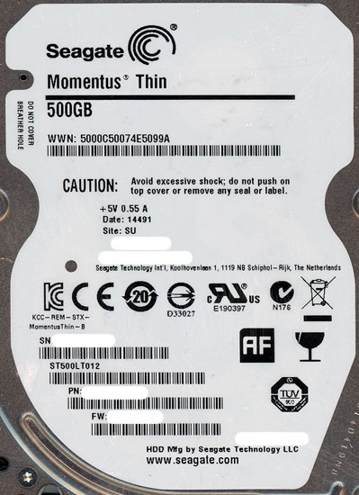 【中古】SEAGATE ノート用HDD 2.5inch　ST500LT012 500GB 7mm　1000〜2000時間以内