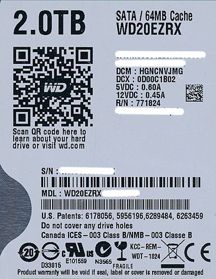 【中古】Western Digital製HDD　WD20EZRX　2TB SATA600　0〜100時間以内