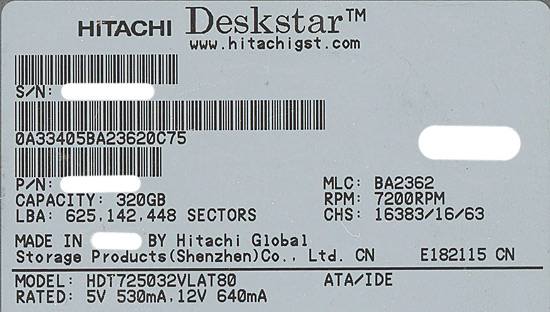 【中古】HITACHI製HDD　HDT725032VLAT80　320G U133 7200　500〜1000時間以内