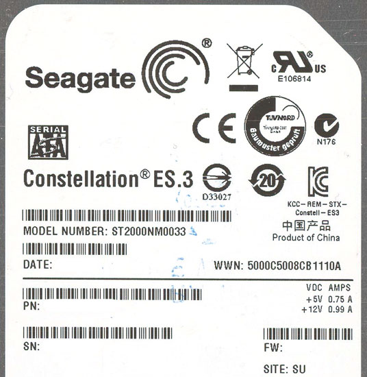 【中古】SEAGATE製HDD　ST2000NM0033　2TB SATA600 7200　100〜200時間以内