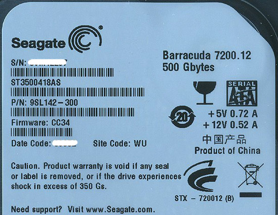 【中古】SEAGATE製HDD　ST3500418AS　500GB SATA300 7200　5000〜6000時間以内