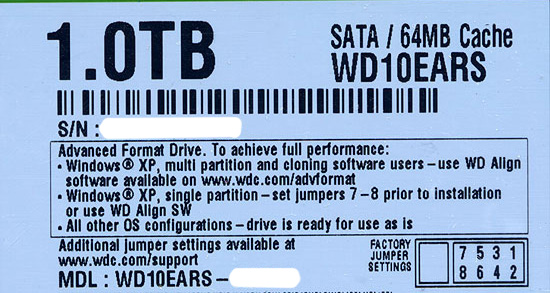 【中古】Western Digital製HDD　WD10EARS　1TB SATA300　8000〜9000時間以内