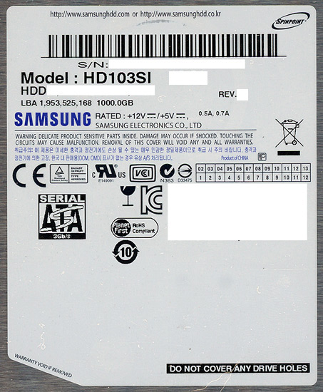 【中古】Samsung製HDD　HD103SI　1.0TB SATA300 5400rpm　500〜1000時間以内