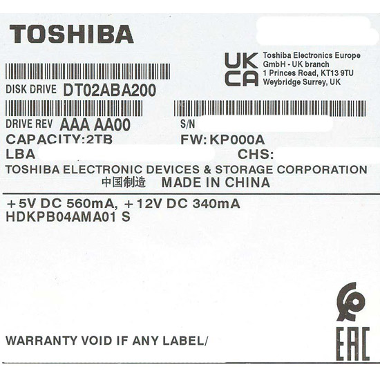 【中古】TOSHIBA製HDD　DT02ABA200　2TB SATA600 5400　200〜500時間以内