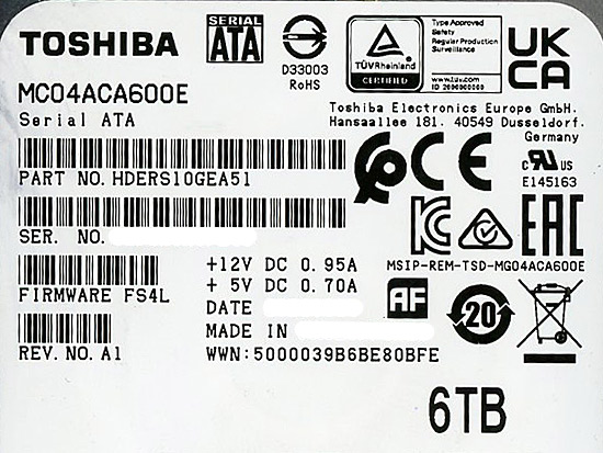 【中古】TOSHIBA製HDD　MC04ACA600E　6TB SATA600 7200　6000〜7000時間以内