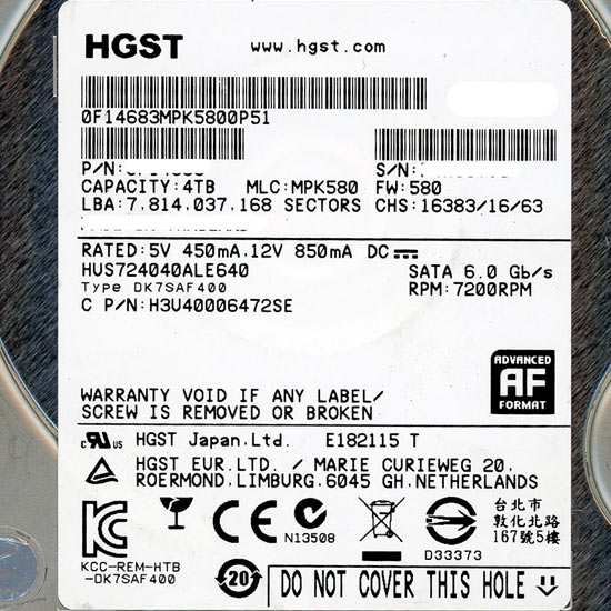 【中古】HITACHI製HDD　HUS724040ALE640　4TB SATA600 7200　2000〜3000時間以内