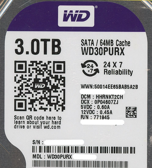 【中古】Western Digital製HDD　WD30PURX　3TB SATA600　8000〜9000時間以内