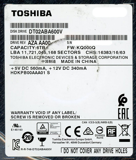 【中古】TOSHIBA製HDD　DT02ABA600V　6TB SATA600 5400　500〜1000時間以内