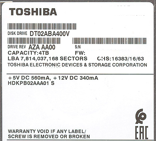 【中古】TOSHIBA製HDD　DT02ABA400V　4TB SATA600 5400　1000〜2000時間以内