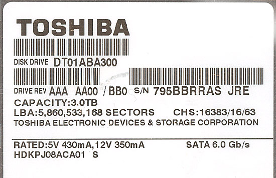 【中古】TOSHIBA製HDD　DT01ABA300　3TB SATA600 5940　2000〜3000時間以内