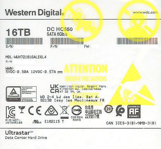 【中古】Western Digital製HDD　WUH721816ALE6L4　16TB SATA600 7200　3000〜4000時間以内