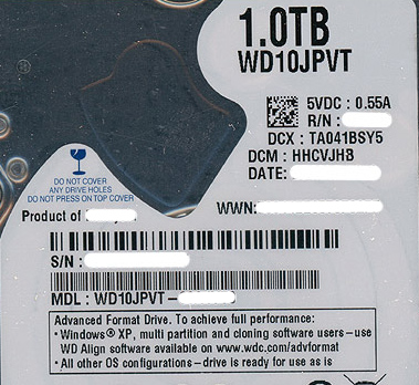【中古】WesternDigital ノート用HDD 2.5inch　WD10JPVT　1TB　5000〜6000時間以内