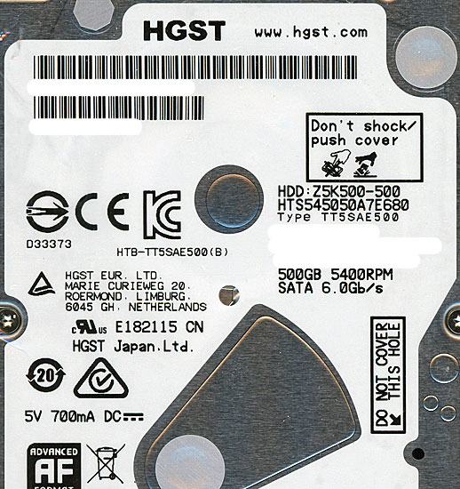 【中古】HGST製HDD 2.5inch　HTS545050A7E680　500GB 7mm　0〜100時間以内