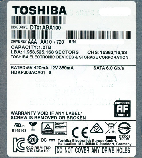【中古】TOSHIBA製HDD　DT01ABA100　1TB SATA600 5700　1000〜2000時間以内