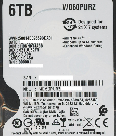【中古】Western Digital製HDD　WD60PURZ　6TB SATA600 5400　4000〜5000時間以内