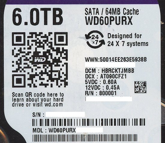 【中古】Western Digital製HDD　WD60PURX　6TB SATA600　8000〜9000時間以内