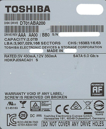 【中古】TOSHIBA製HDD　DT01ABA200　2TB SATA600 5700　500〜1000時間以内
