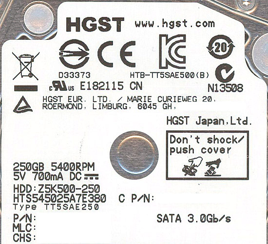 【中古】HGST製HDD 2.5inch　HTS545025A7E380　250GB 7mm　3000〜4000時間以内