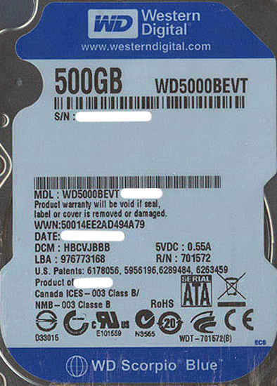 【中古】WesternDigital HDD 2.5inch　WD5000BEVT　500GB 9.5mm　2000〜3000時間以内