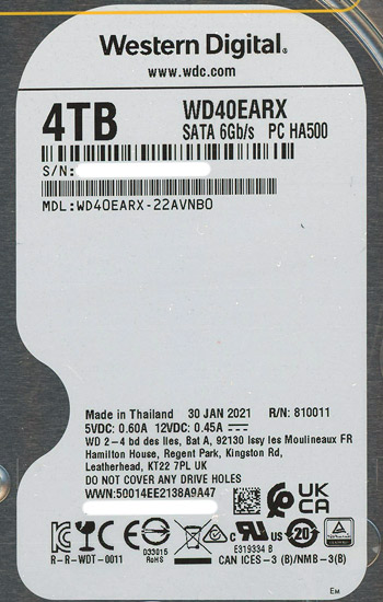 【中古】Western Digital製HDD　WD40EARX　4TB SATA600　4000〜5000時間以内
