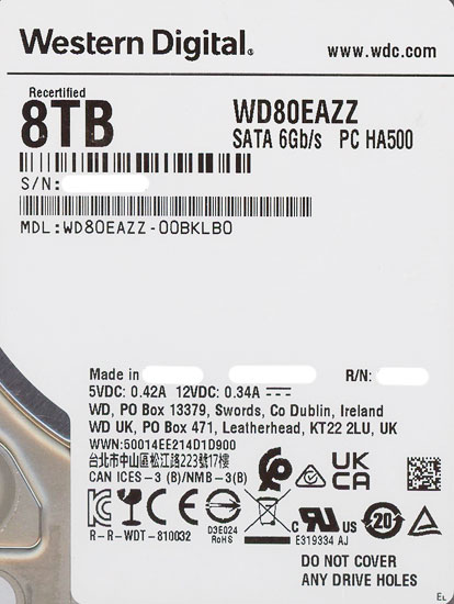 【中古】Western Digital製HDD　WD80EAZZ　8TB SATA600 5640　500〜1000時間以内