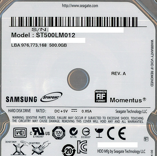 【中古】Samsung製 ノート用HDD 2.5inch　ST500LM012 500GB 9.5mm　3000〜4000時間以内