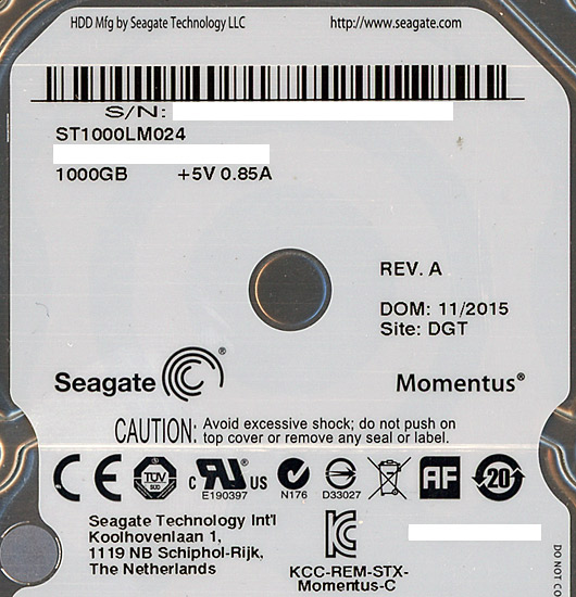 【中古】Seagate　ノート用HDD 2.5inch　ST1000LM024　1TB 9.5mm　4000〜5000時間以内