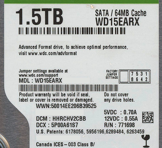【中古】Western Digital製HDD　WD15EARX　1.5TB SATA600　7000〜8000時間以内