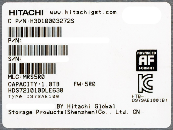 【中古】HITACHI製HDD　HDS721010DLE630　1TB SATA600 7200　1000〜2000時間以内