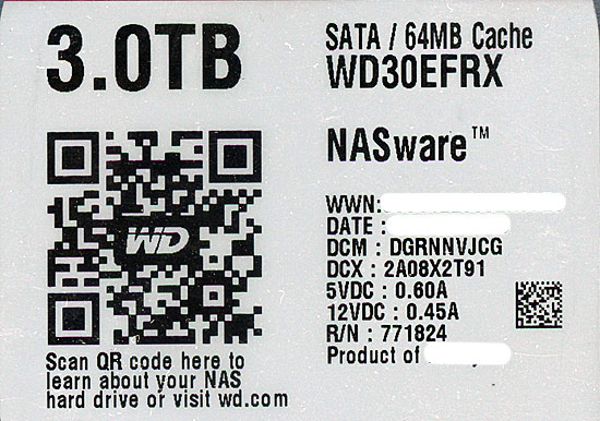 【中古】Western Digital製HDD　WD30EFRX　3TB SATA600　200〜500時間以内