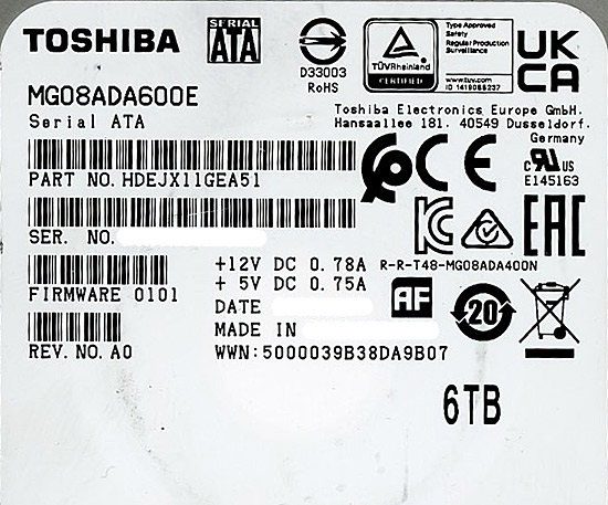 【中古】TOSHIBA製HDD　MG08ADA600E　6TB SATA600 7200　11000〜12000時間以内