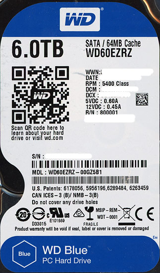 【中古】Western Digital製HDD　WD60EZRZ　6TB SATA600 5400　11000〜12000時間以内