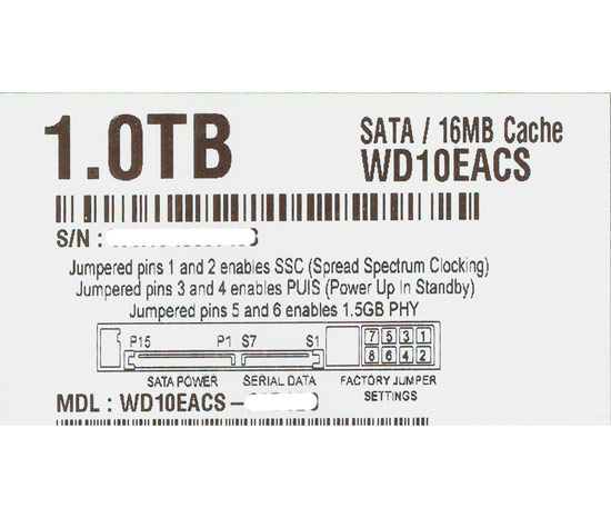 【中古】Western Digital製HDD　WD10EACS　1TB SATA300　1000〜2000時間以内