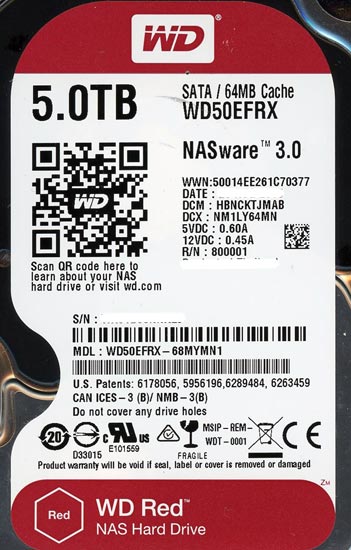 【中古】Western Digital製HDD　WD50EFRX　5TB SATA600　2000〜3000時間以内
